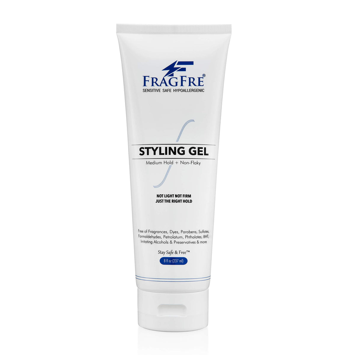 FRAGFRE fragrance-free styling gel bottle showing fragrance-free hold for all hair types