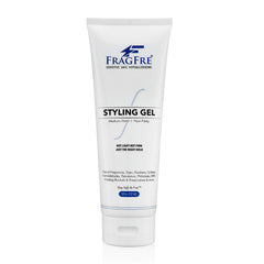 FRAGFRE fragrance-free styling gel bottle showing fragrance-free hold for all hair types