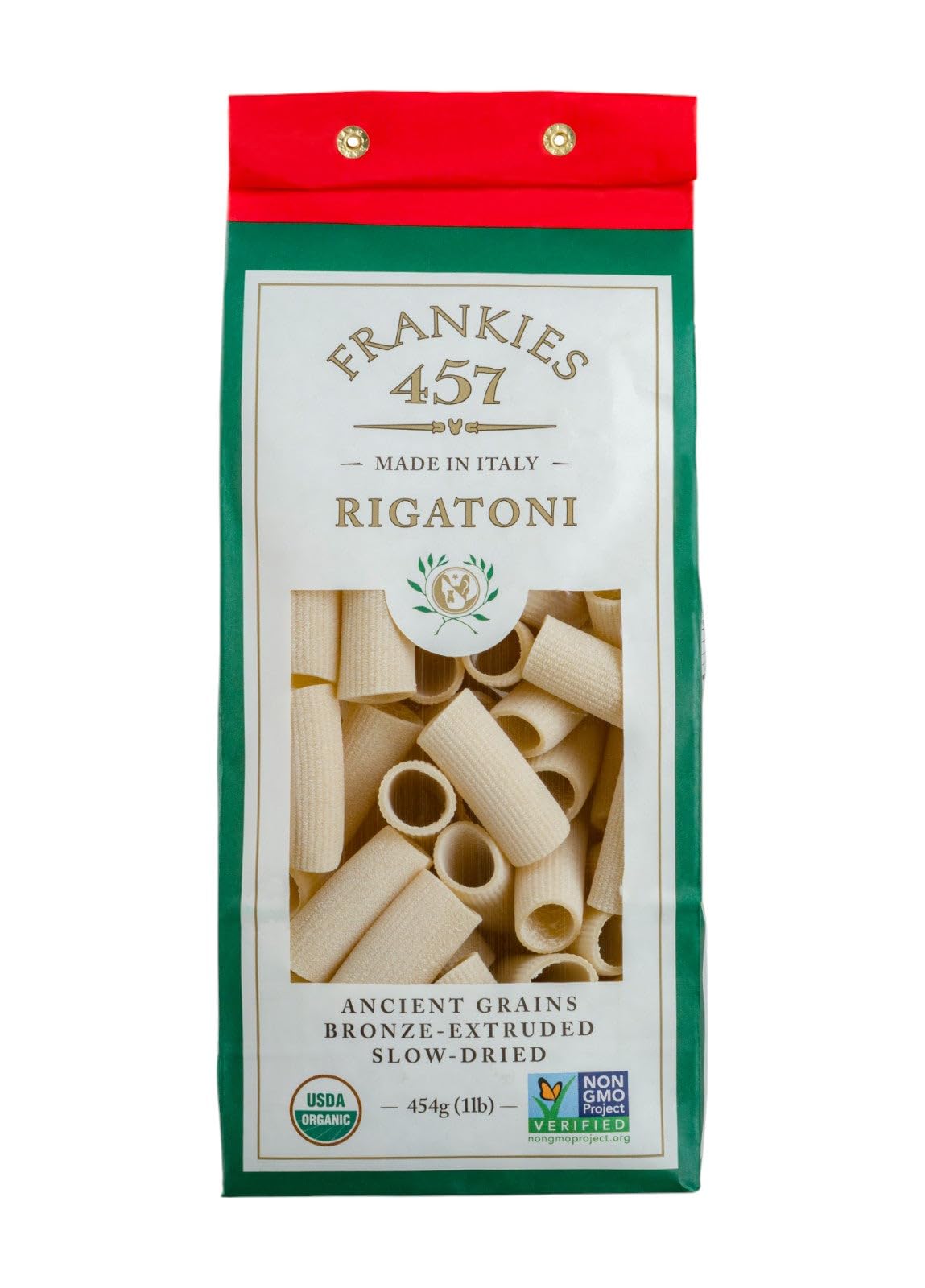 Frankies 457 rigatoni pack shot—premium packaging and authentic craftsmanship.