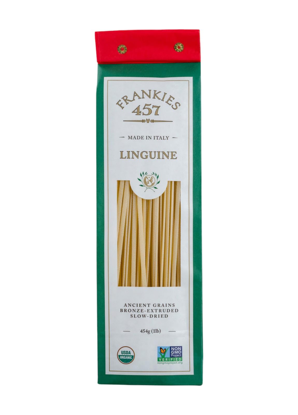 Frankies 457 linguine round pasta close-up showing twirl-ready strands for al dente dishes.