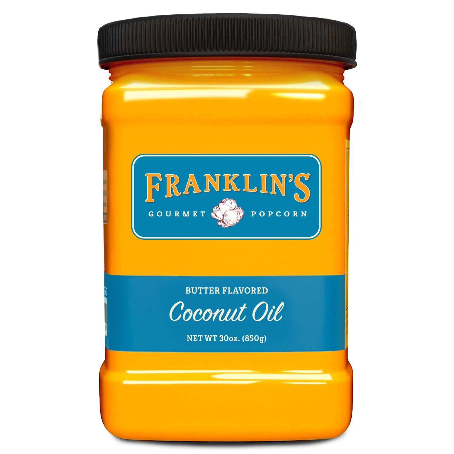 Franklin's Gourmet Popcorn Butter Flavored Coconut Oil bottle pour for movie-night popcorn.