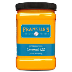 Franklin's Gourmet Popcorn Butter Flavored Coconut Oil bottle pour for movie-night popcorn.