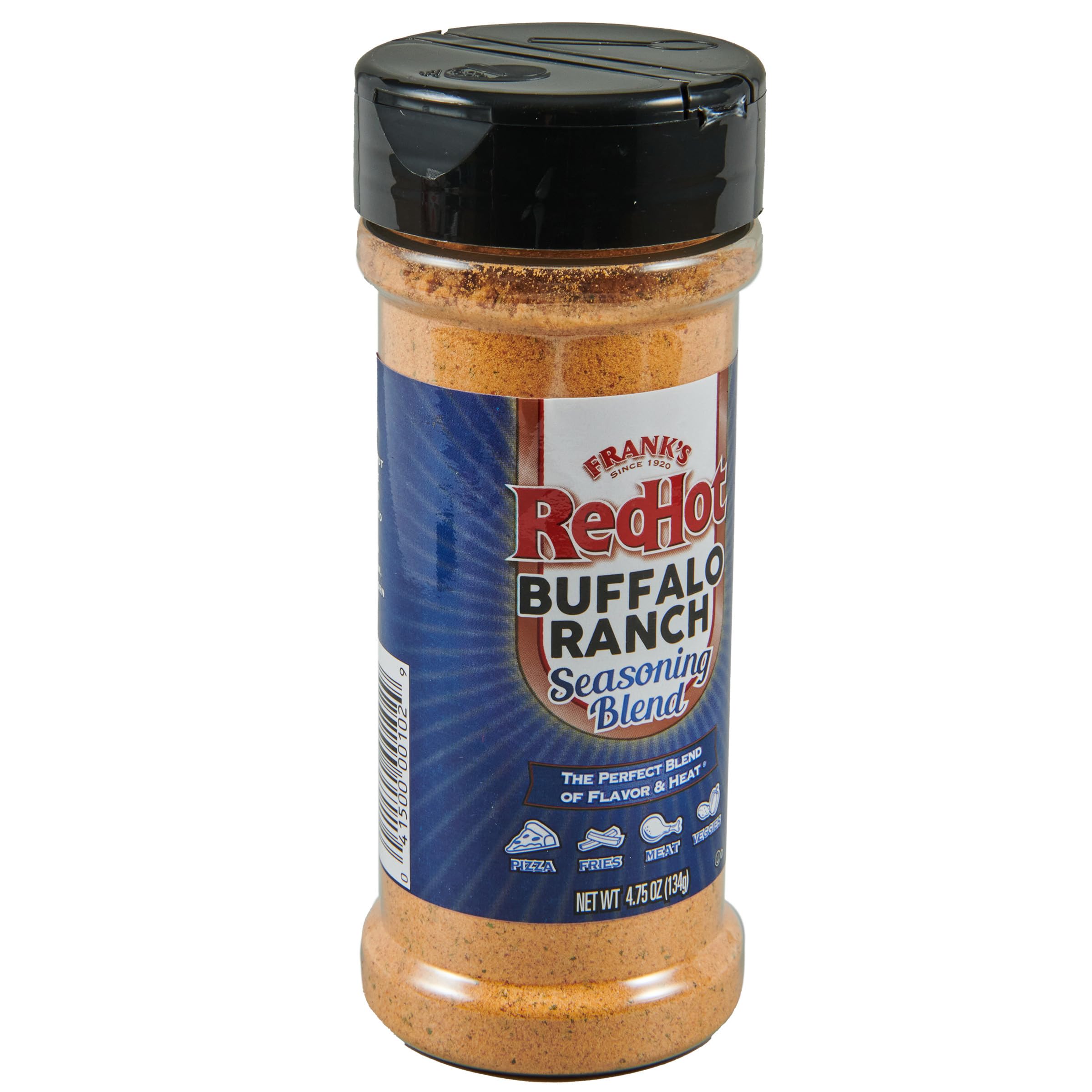 Frank's RedHot Buffalo Ranch Seasoning Blend bottle highlighting bold ranch heat for versatile meals.