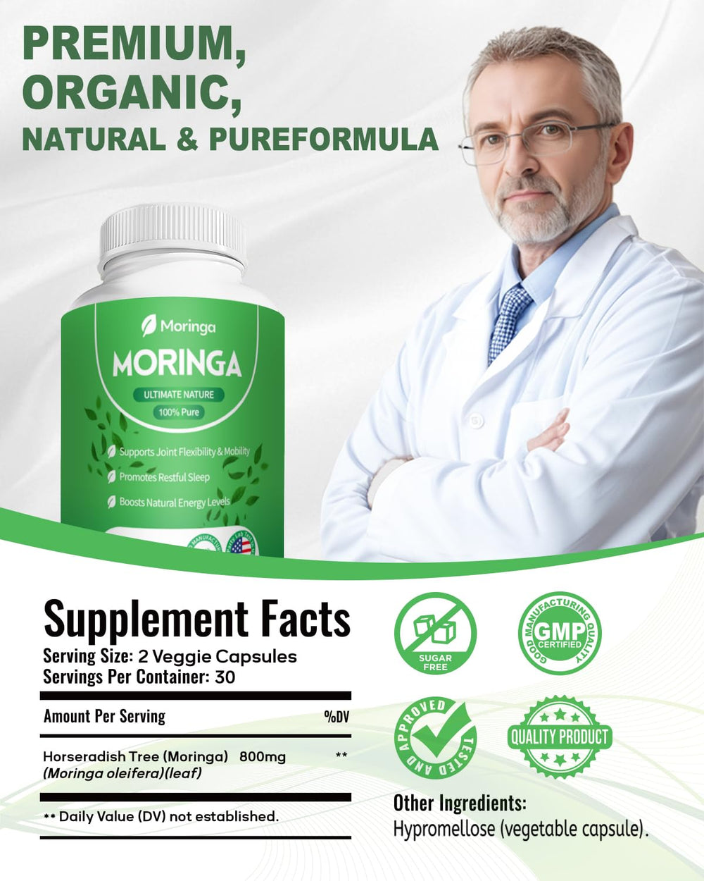 Fravonique Moringa Capsules leaf powder close-up revealing natural ingredients.