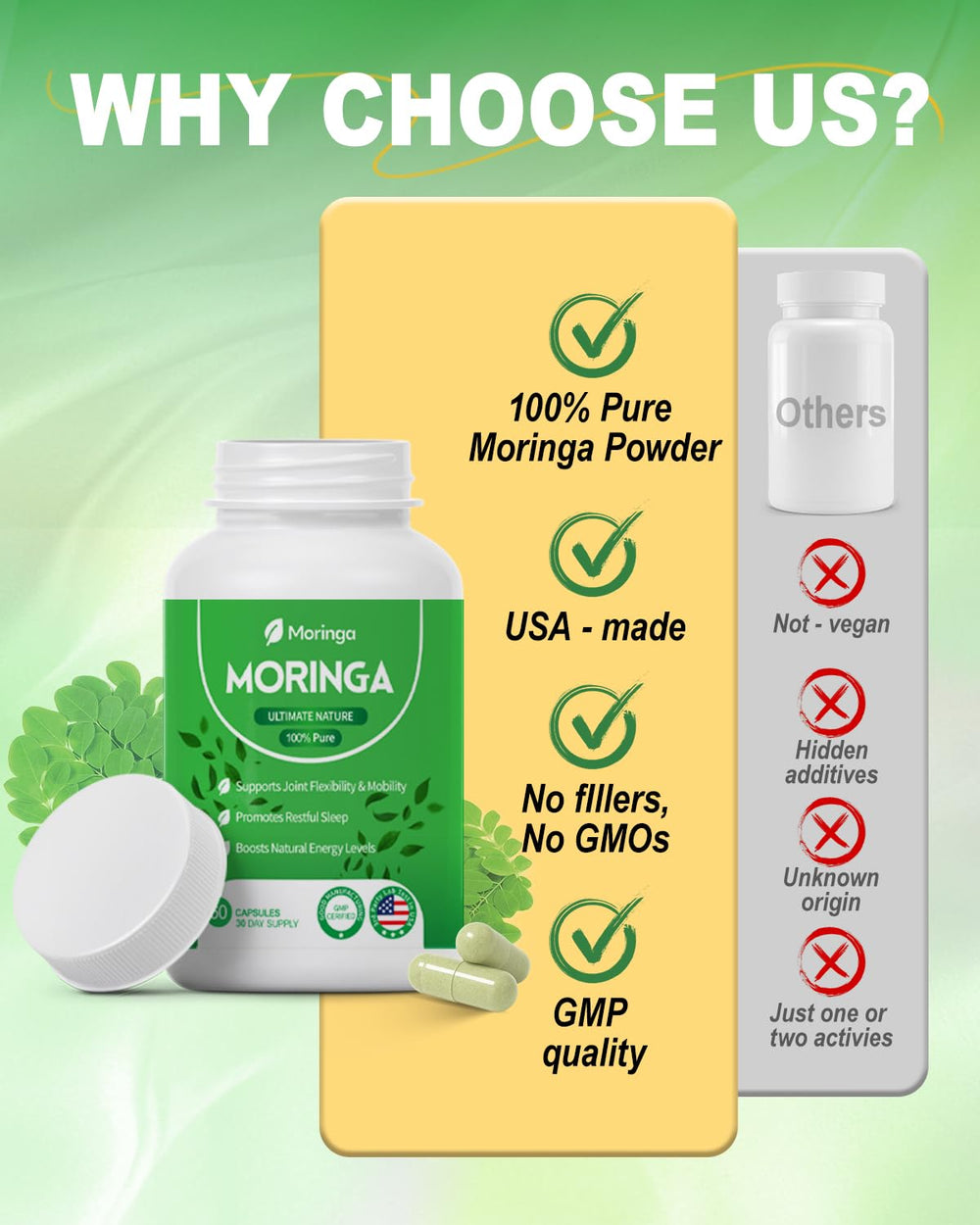 Fravonique Moringa Capsules packaging on shelf highlighting 60-capsule supply.