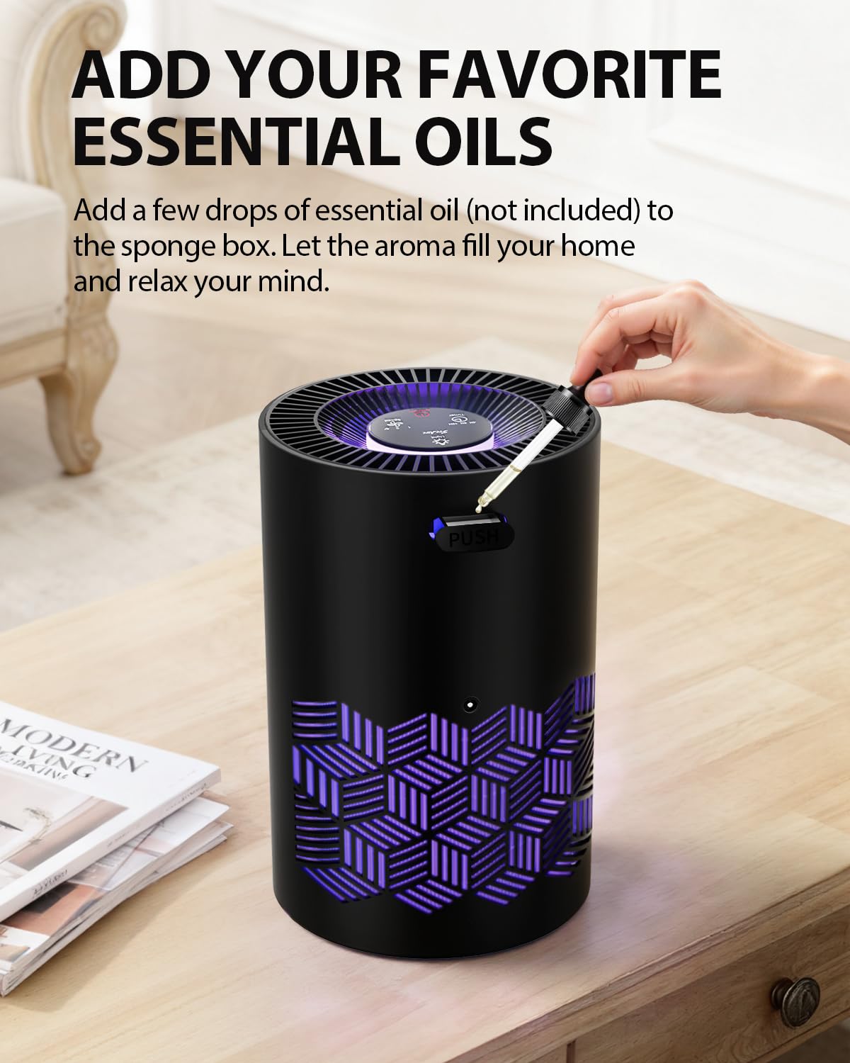 FreAire air purifier aroma pad releases subtle fragrances throughout the room.