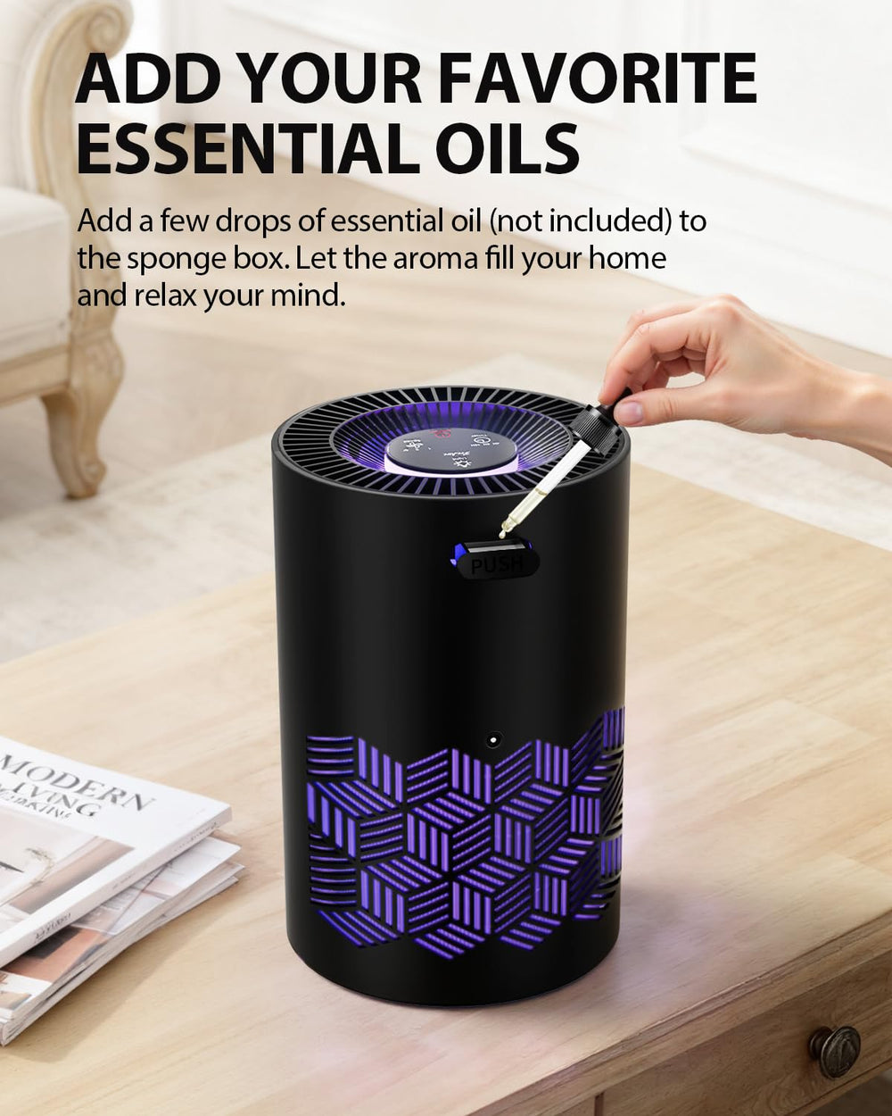 FreAire air purifier aroma pad releases subtle fragrances throughout the room.