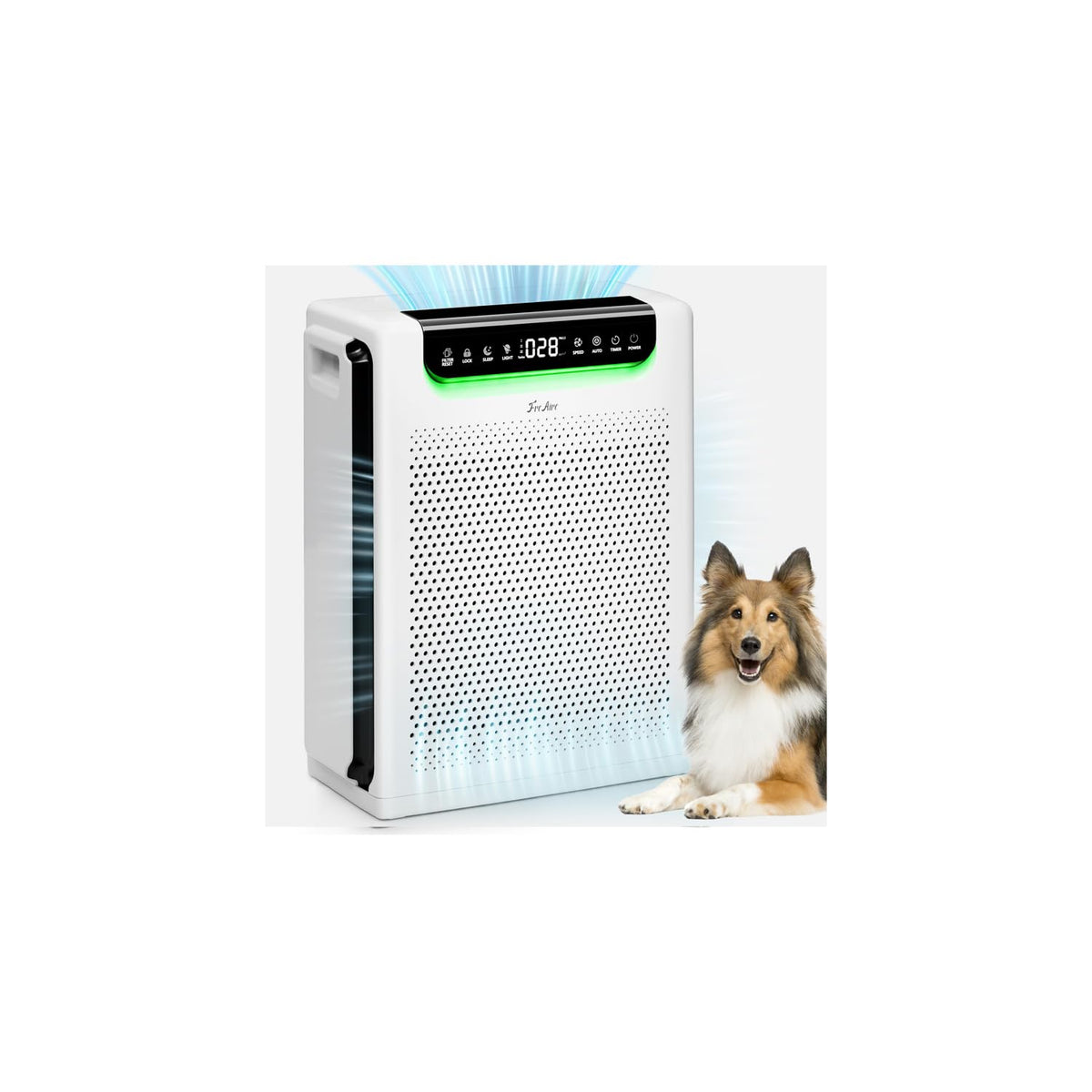 FreAire air purifier front view showing a clean, modern unit designed for large rooms.