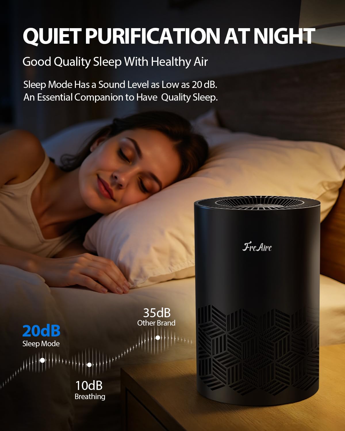 FreAire air purifier in sleep mode operates quietly for night use.