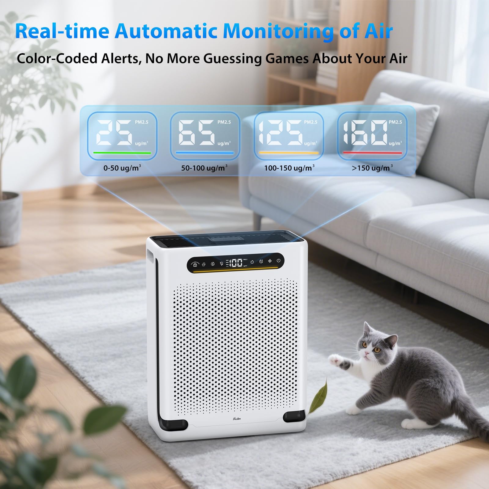 FreAire HAP605 in a bright living room setup demonstrating large-area air cleaning.