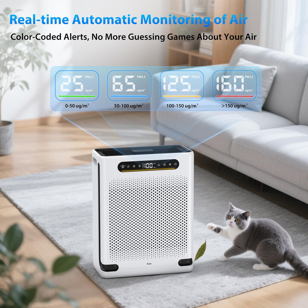 FreAire HAP605 in a bright living room setup demonstrating large-area air cleaning.