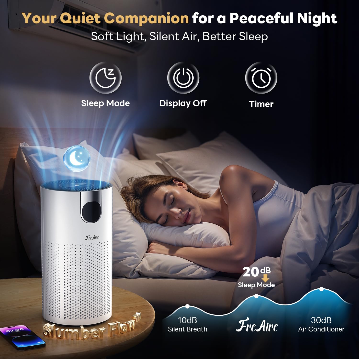 FreAire VisionAir operates quietly in sleep mode at 20 dB.