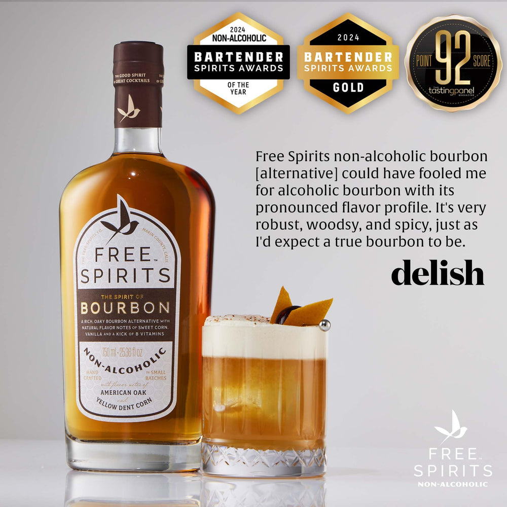 The Free Spirits Company label closeup communicates vegan, gluten-free clarity and natural ingredients.