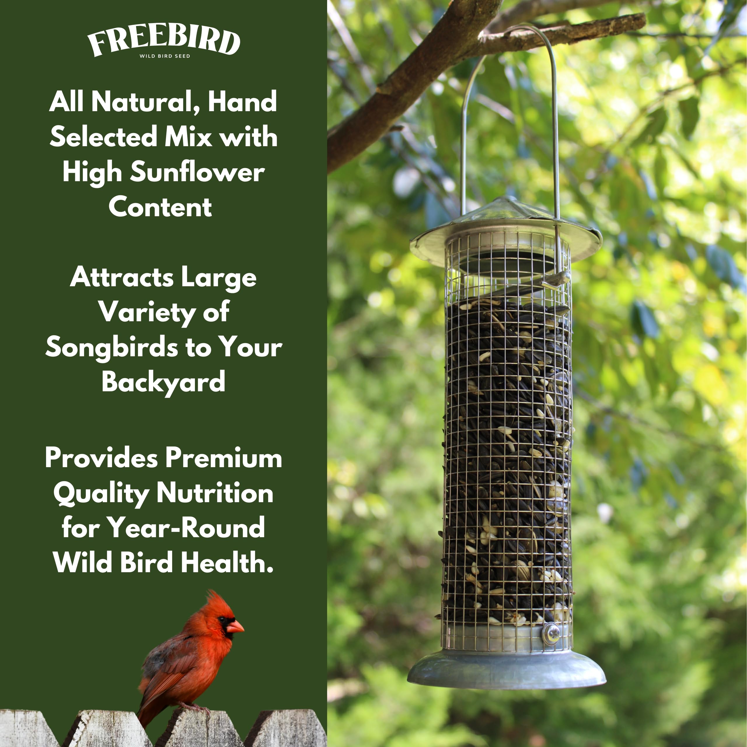 FREEBIRD Wild Bird Seed feeder compatibility with hopper and tube feeders.
