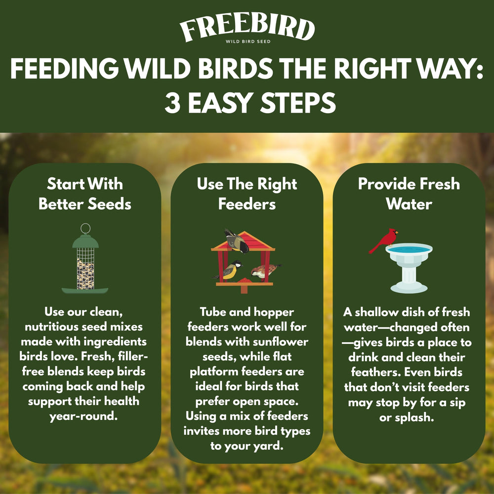 FREEBIRD Wild Bird Seed sourced from local farms supporting sustainable bird feeding.