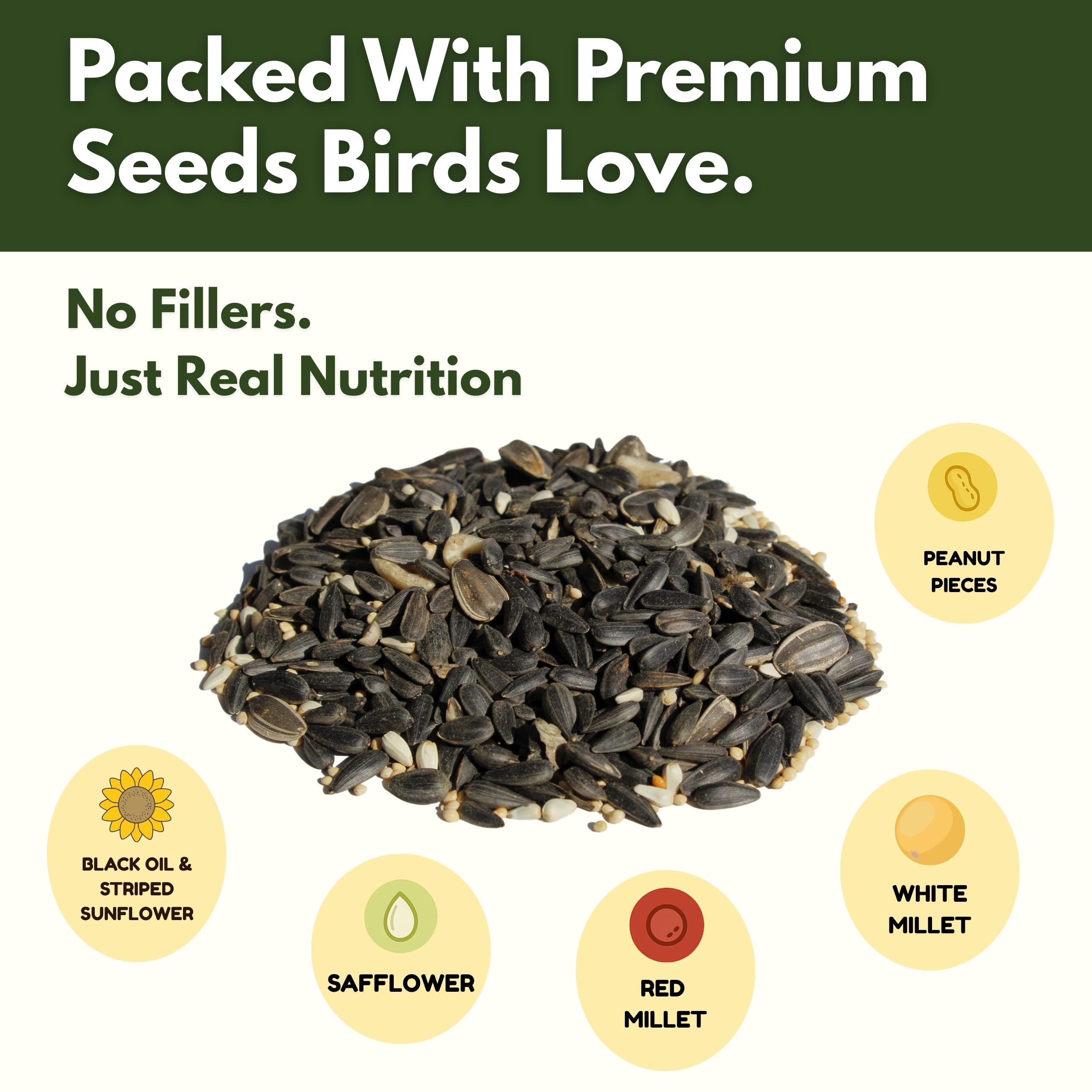 FREEBIRD Wild Bird Seed safflower pieces close-up highlighting energy-rich ingredients.