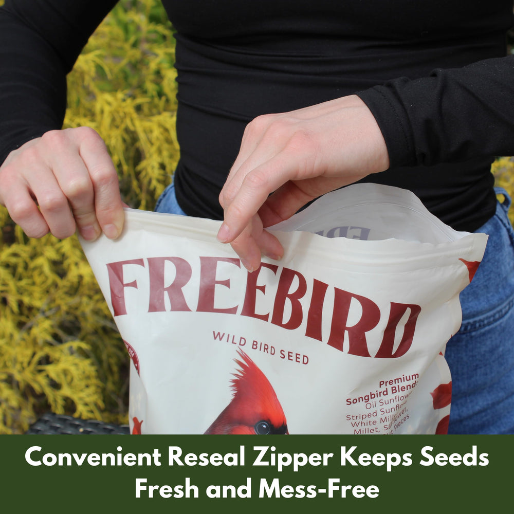 FREEBIRD Wild Bird Seed sunflower blend close-up attracts cardinals and finches.