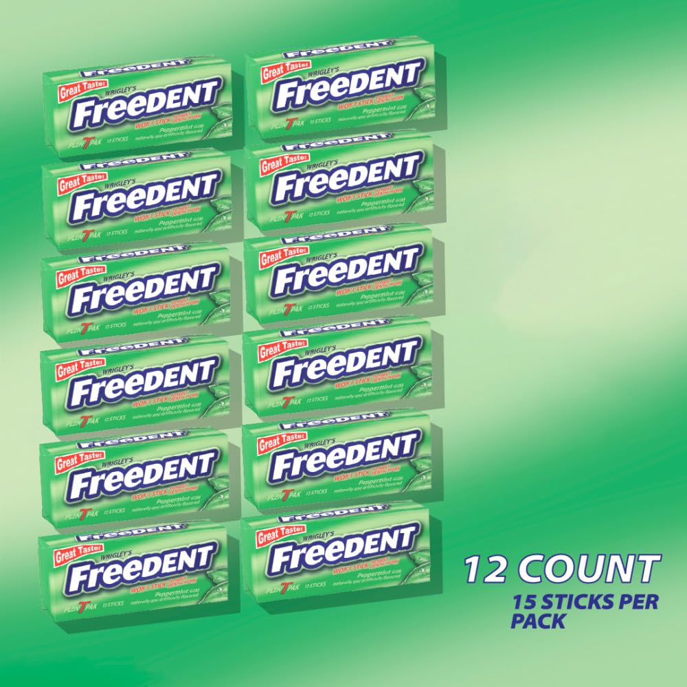 Freedent pack of 12 mint gum boxes for sharing.
