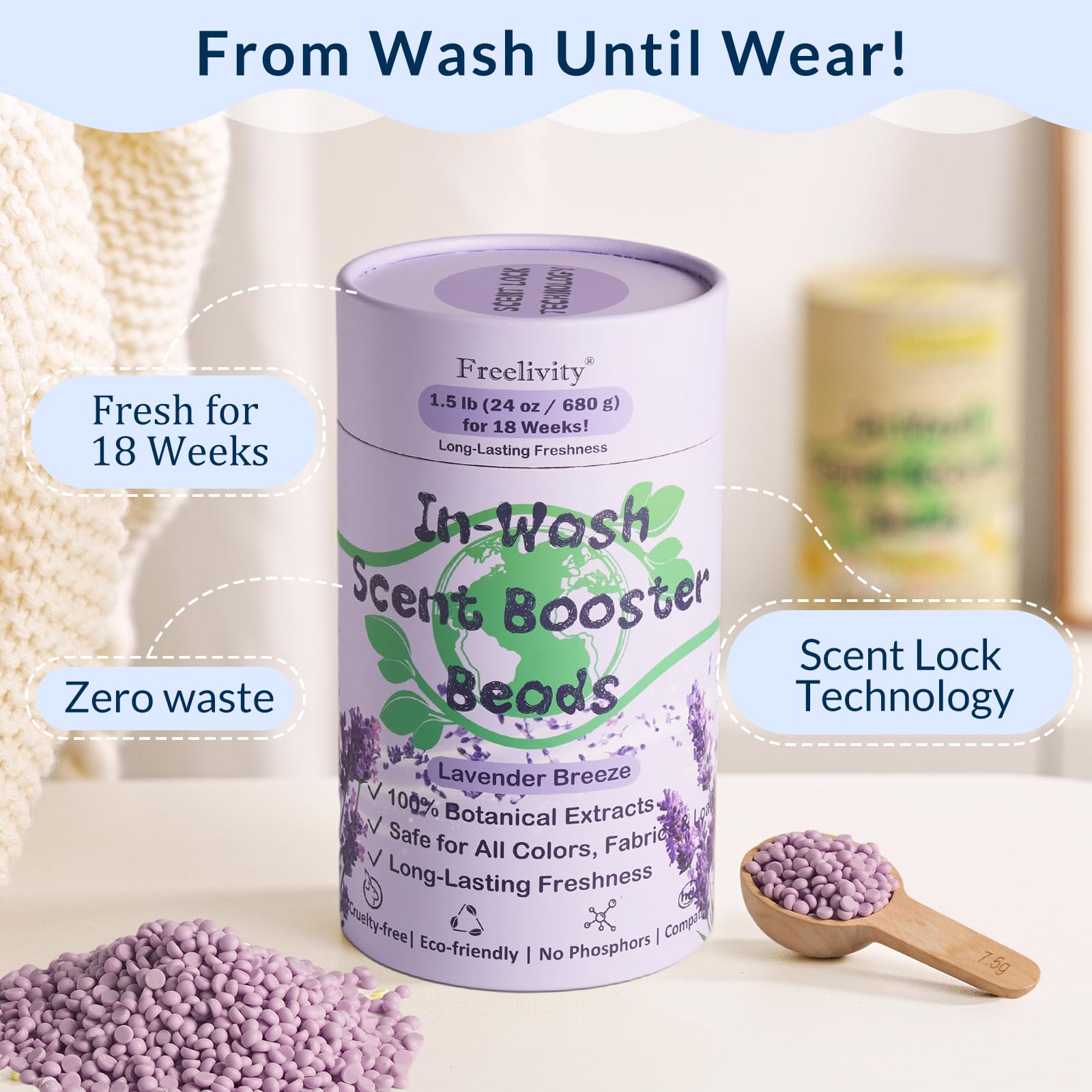 Freelivity In-Wash Scent Booster Beads close-up highlights soothing lavender aroma for fresher laundry.