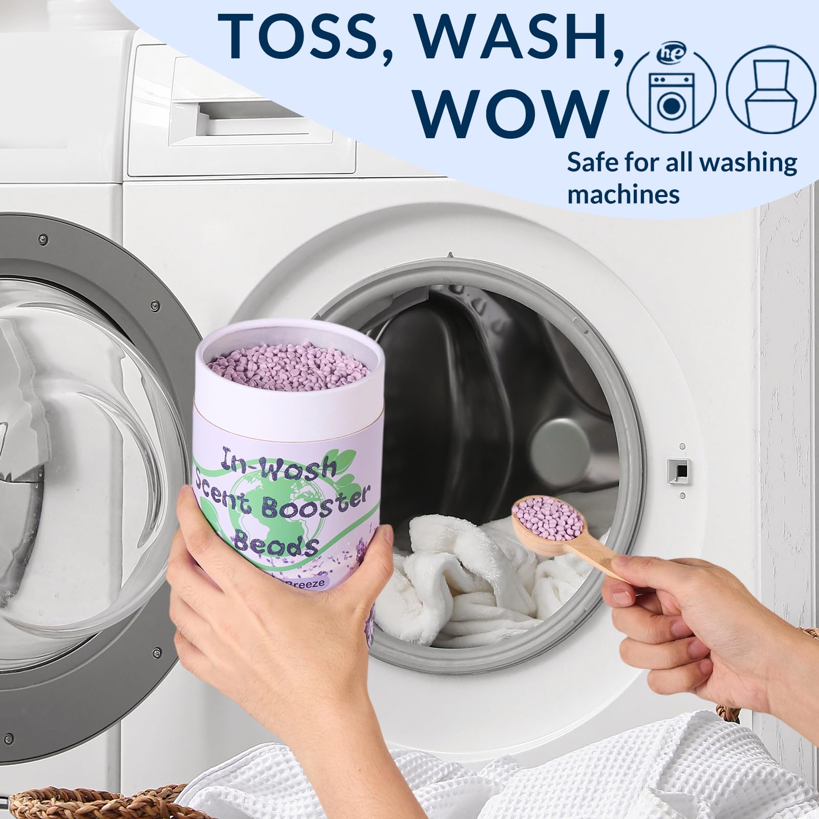 Freelivity In-Wash Scent Booster Beads dispensing-into-washer signals long-lasting fragrance potential.
