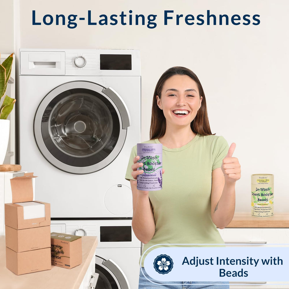 Freelivity In-Wash Scent Booster Beads in-washer-drum demonstrates compatibility with cold water.