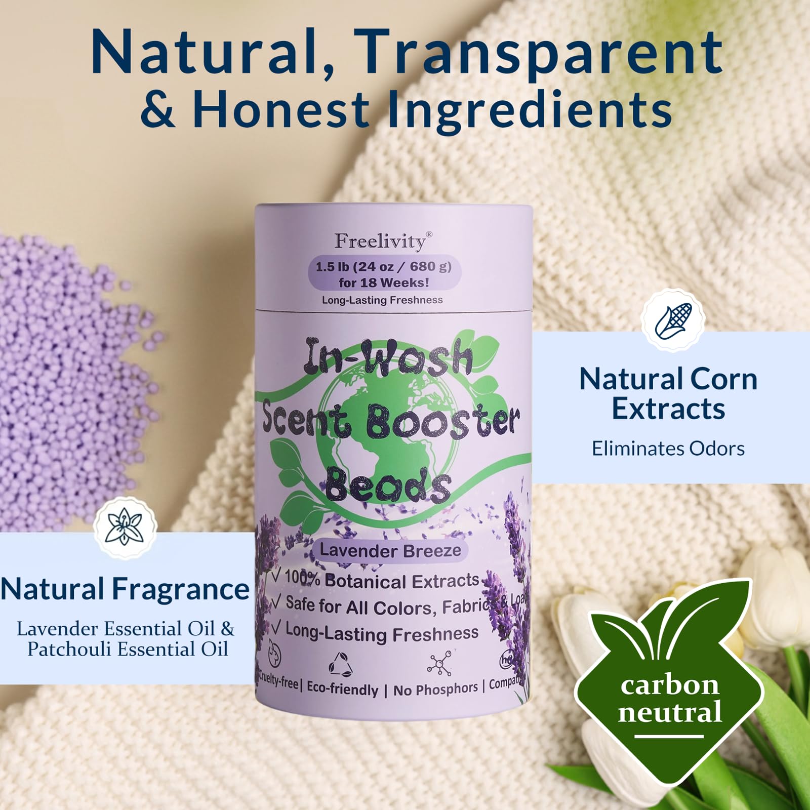 Freelivity In-Wash Scent Booster Beads measuring-scoop emphasizes easy, mess-free dosing.