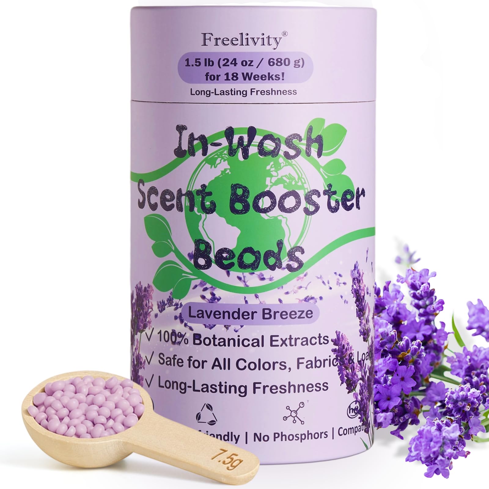 Freelivity In-Wash Scent Booster Beads packaging displays eco-friendly design and lavender fragrance.