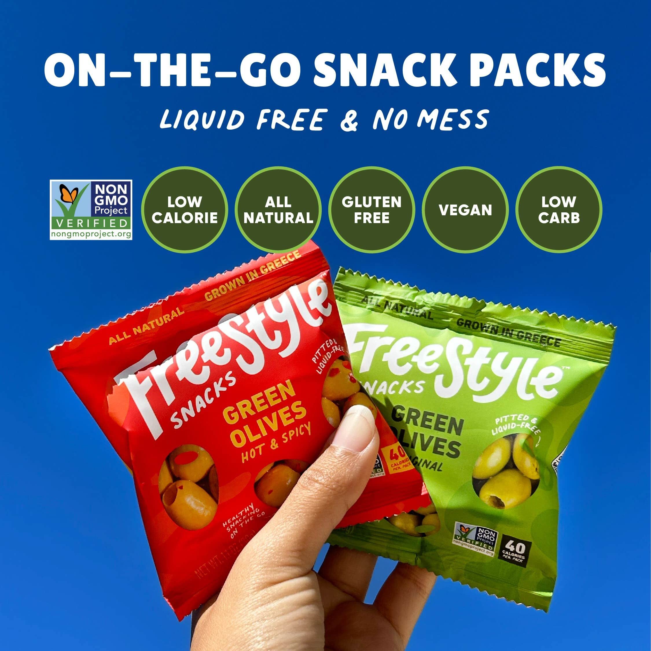 Freestyle Snacks olive pack pouch features non-GMO, sugar-free ingredients