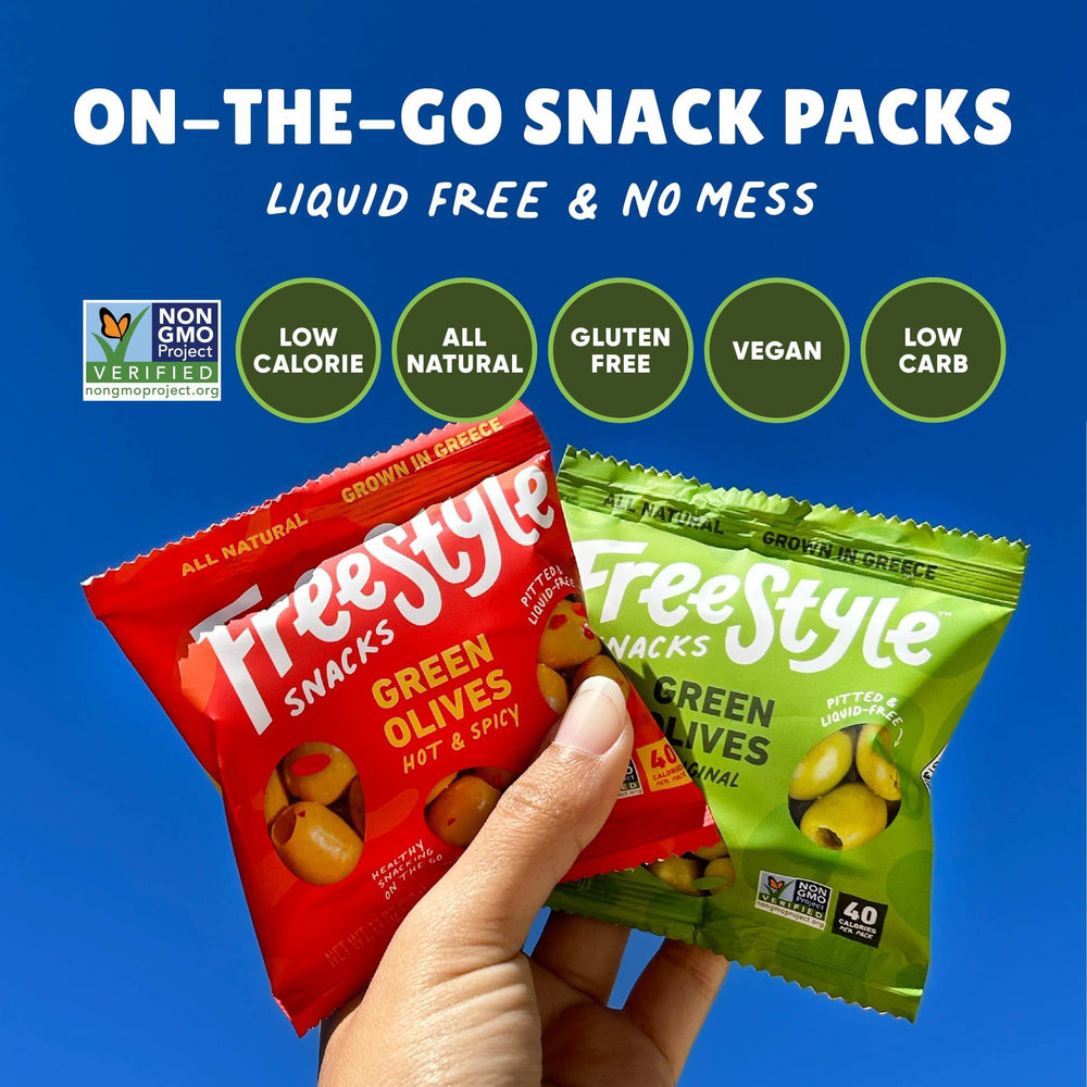 Freestyle Snacks olive pack pouch features non-GMO, sugar-free ingredients