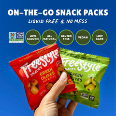 Freestyle Snacks olive pack pouch features non-GMO, sugar-free ingredients
