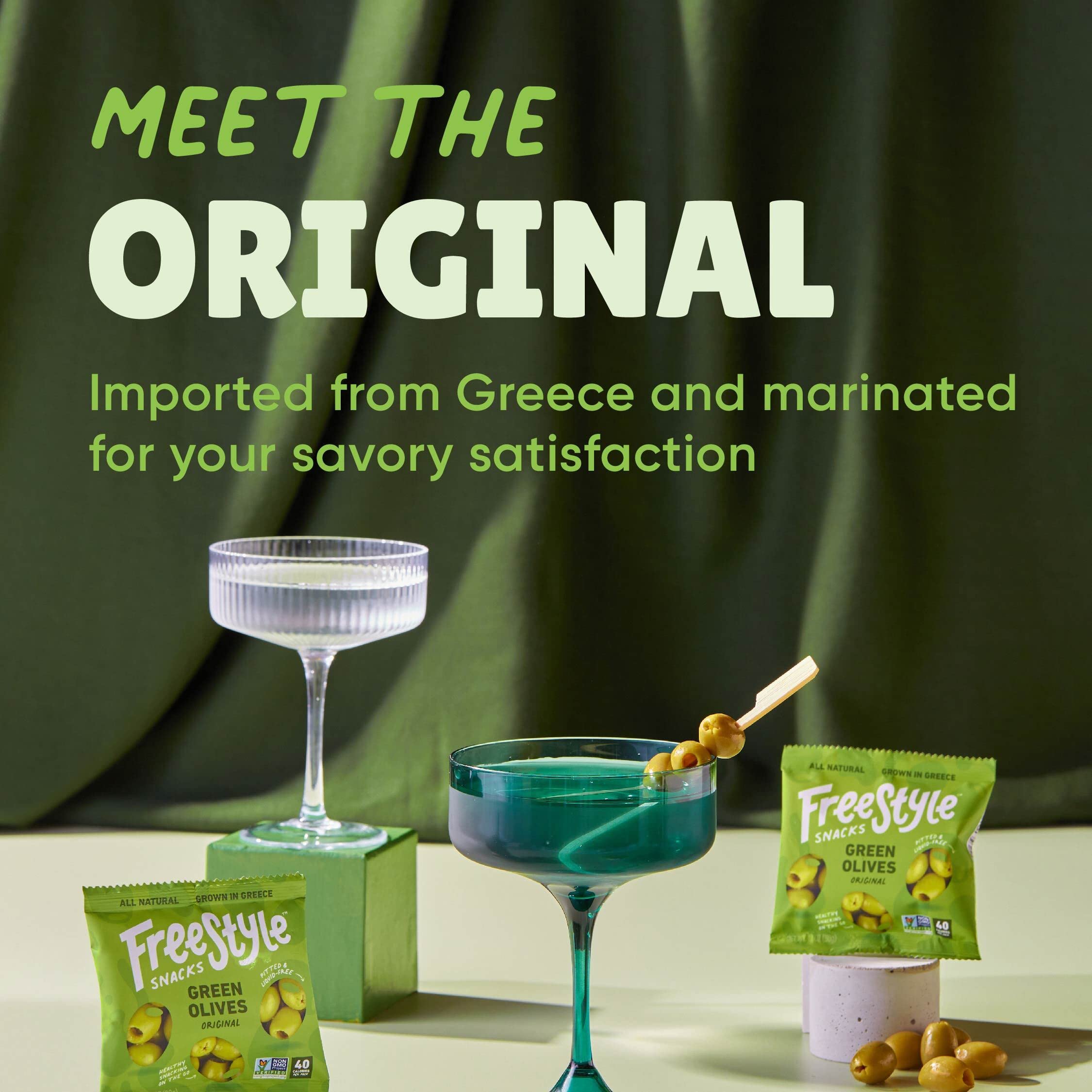 Freestyle Snacks olive pack pouch emphasizes gluten-free, dairy-free, vegan suitability