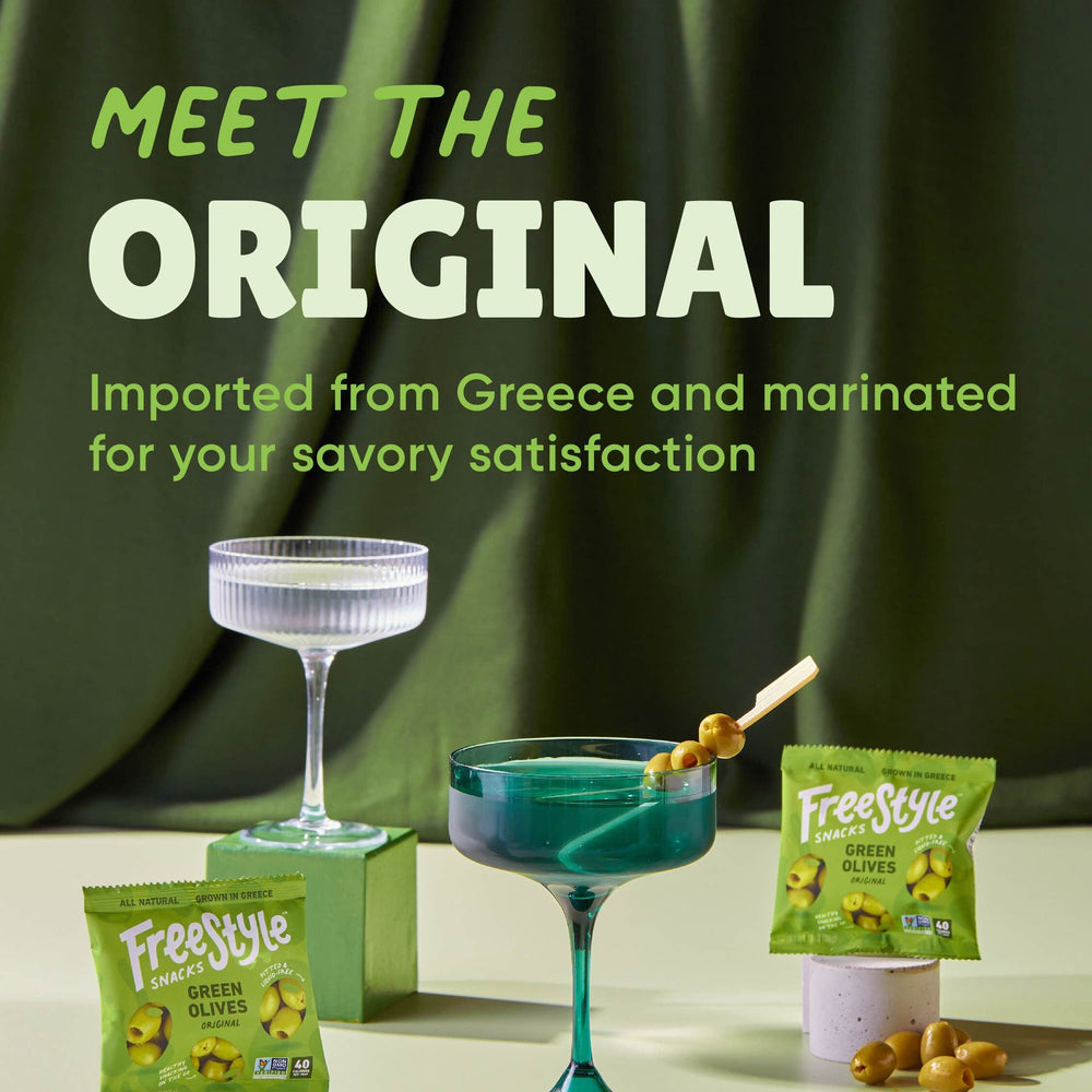 Freestyle Snacks olive pack pouch emphasizes gluten-free, dairy-free, vegan suitability