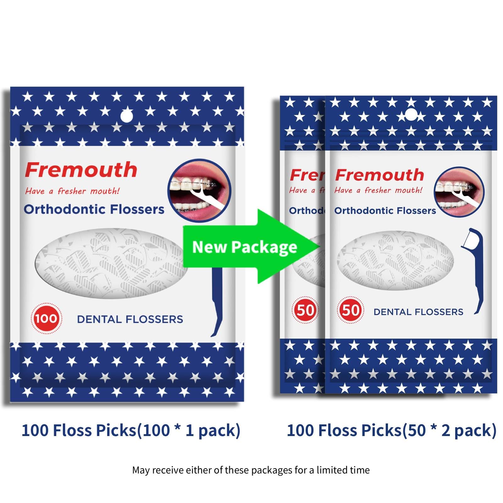 Fremouth flossers shown between braces for quick cleaning.