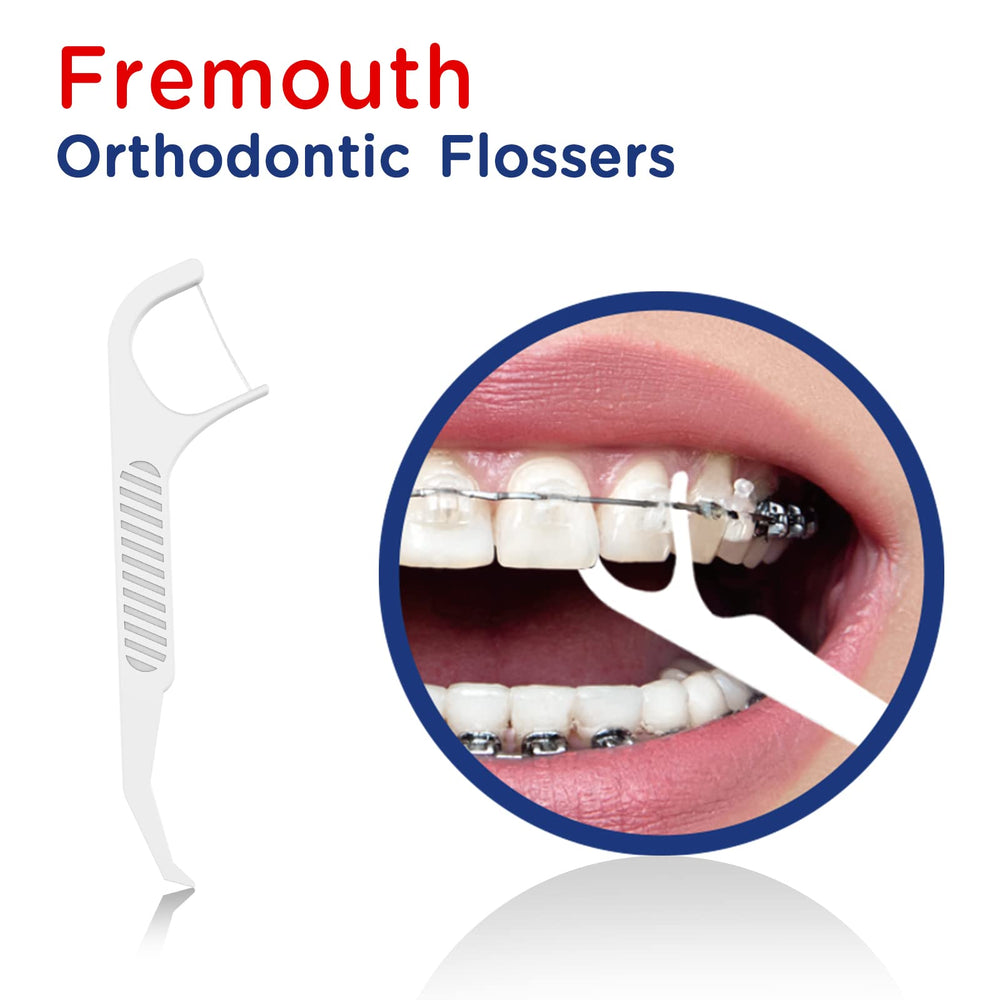 Fremouth flossers with thin control arm sliding between teeth and braces.