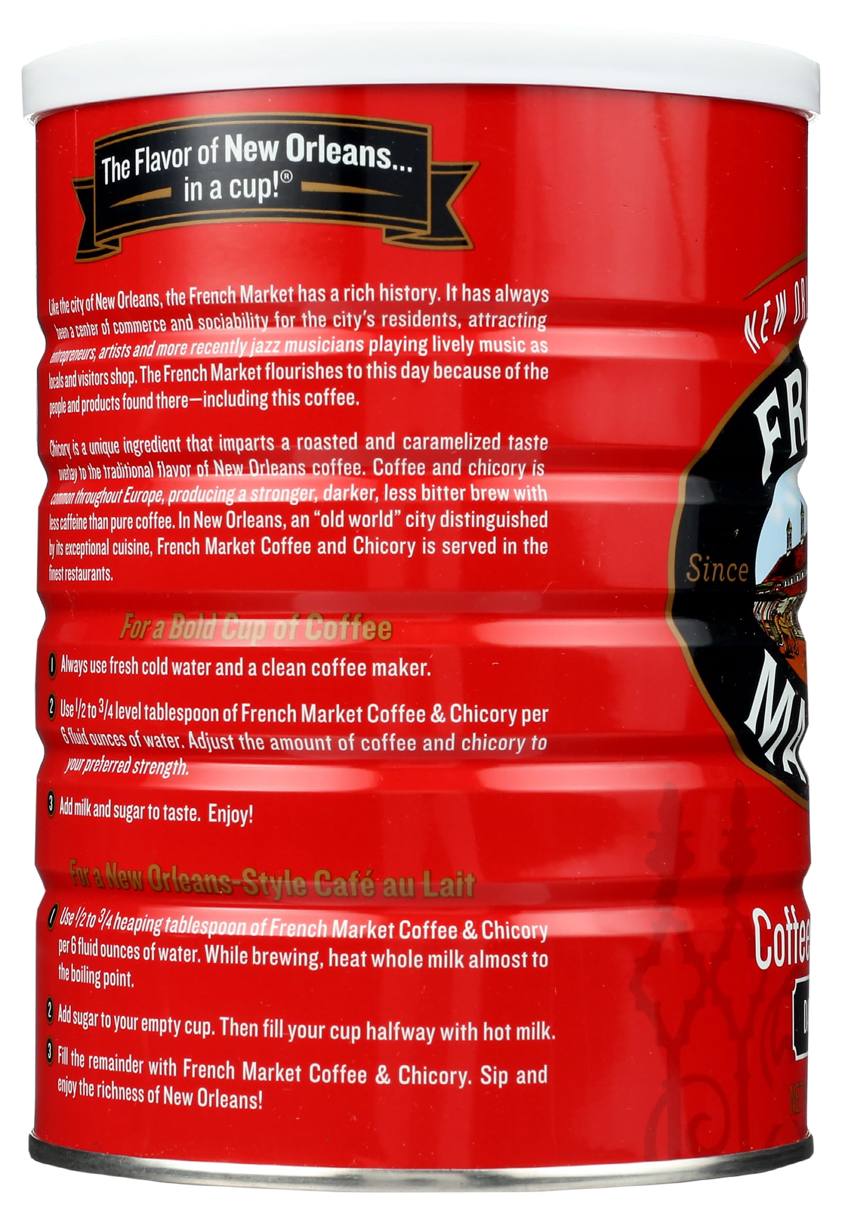 French Market Coffee & Chicory Dark Roast beans close-up shows rich aroma.