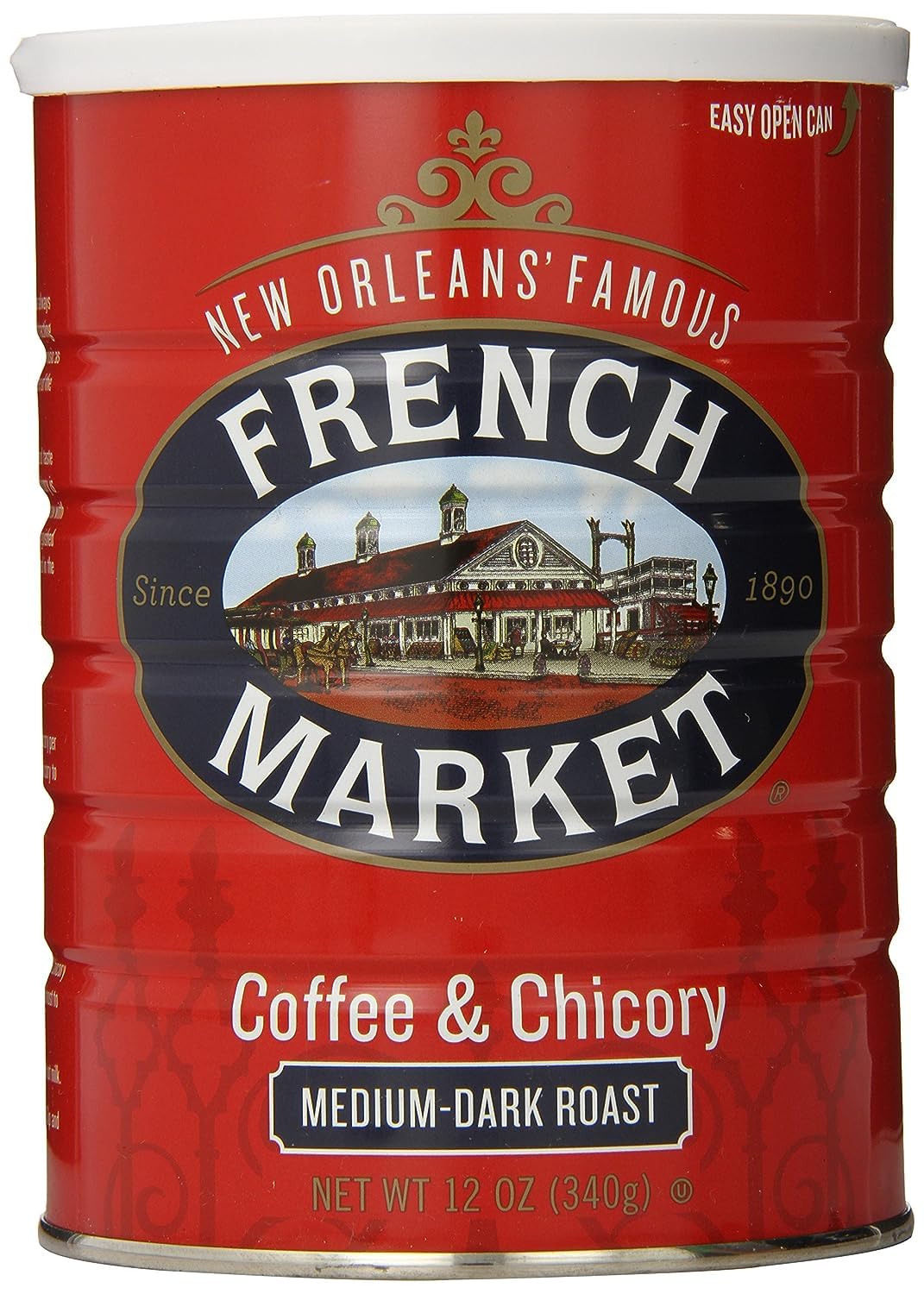 French Market Coffee & Chicory can front shows brand label and rich aroma.