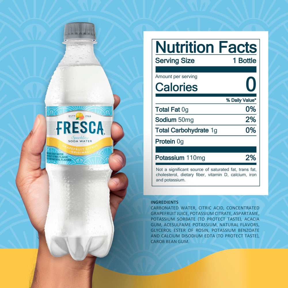 Fresca Citrus Soda label closeup highlights grapefruit notes and caffeine-free sparkle