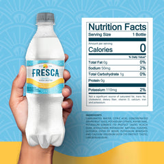 Fresca Citrus Soda label closeup highlights grapefruit notes and caffeine-free sparkle