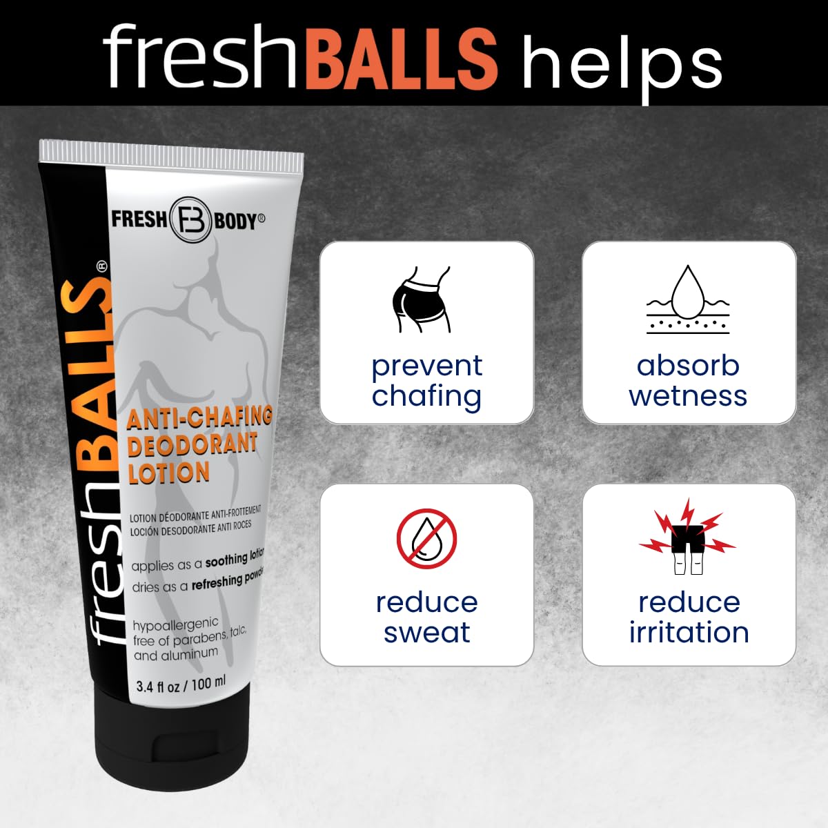 Fresh Body FB aluminum-free and talc-free label emphasizes skin-friendly formula.