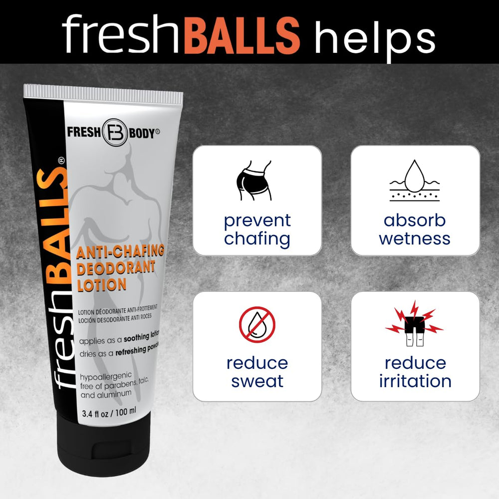 Fresh Body FB aluminum-free and talc-free label emphasizes skin-friendly formula.