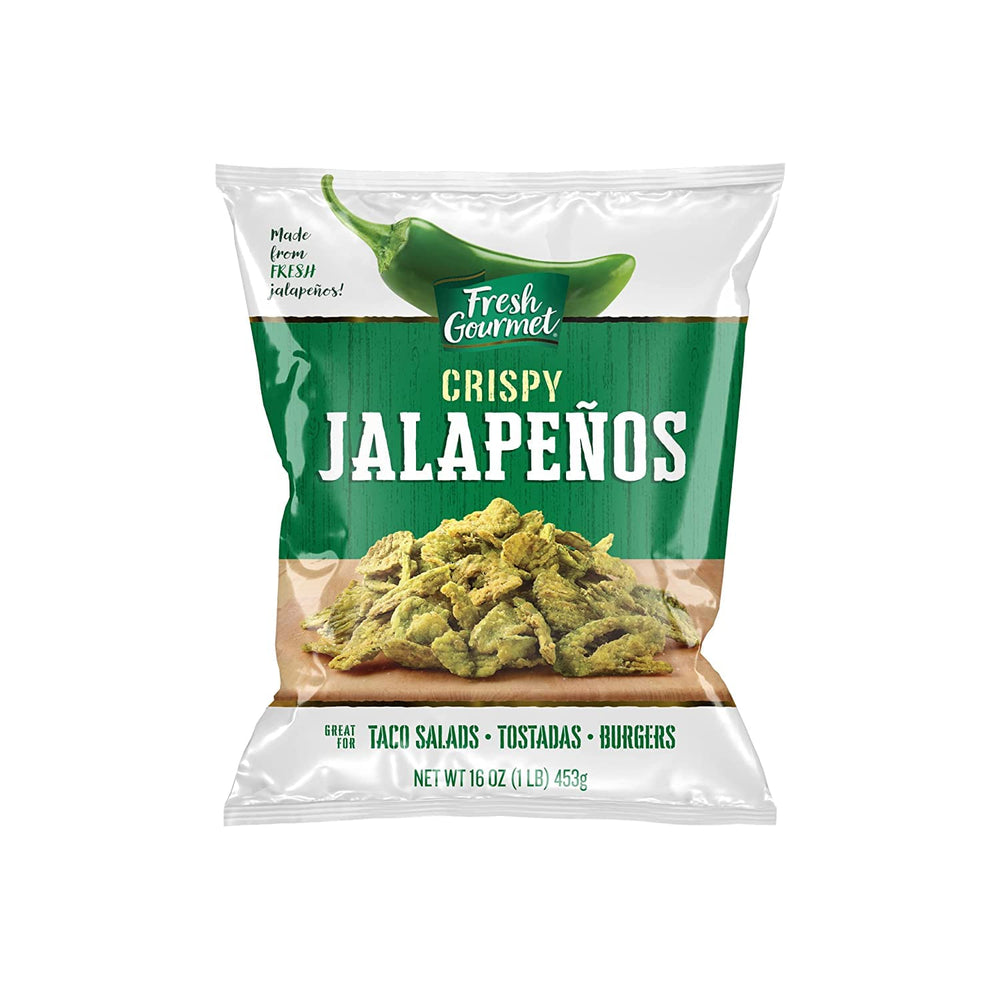 Fresh Gourmet Crispy Jalapeños pack image showing resealable bag for fresh flavor.