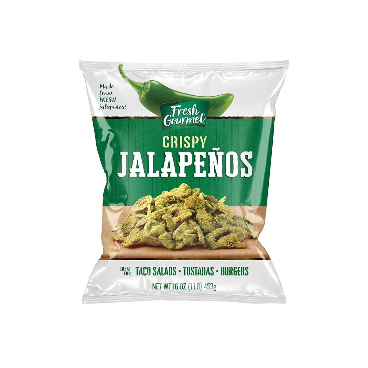 Fresh Gourmet Crispy Jalapeños pack image showing resealable bag for fresh flavor.