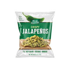 Fresh Gourmet Crispy Jalapeños pack image showing resealable bag for fresh flavor.
