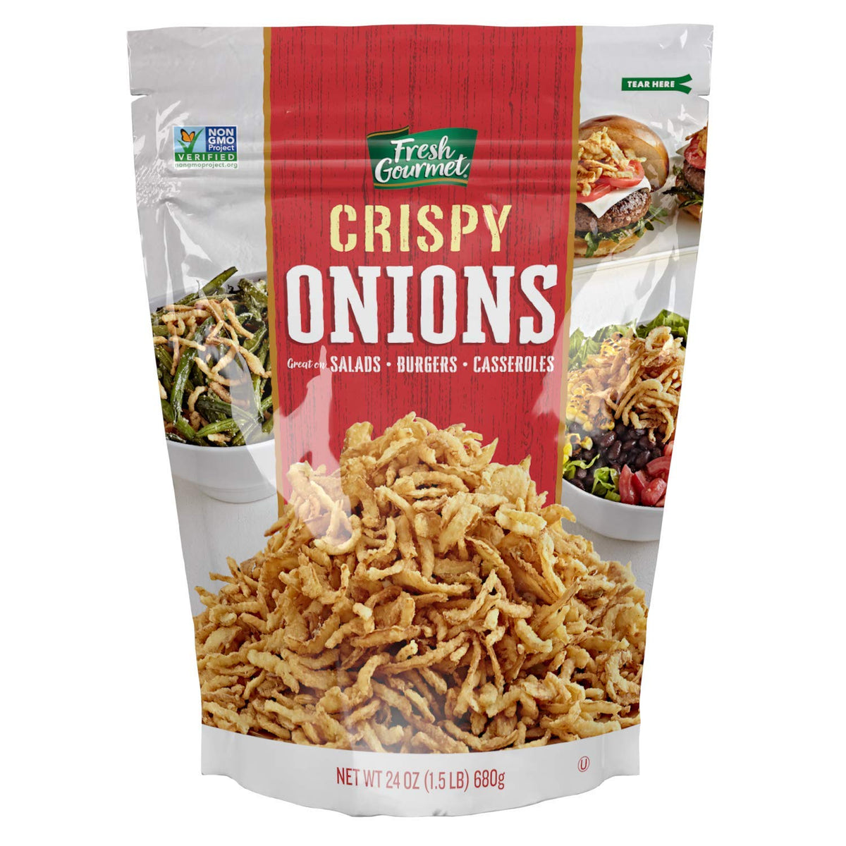 Fresh Gourmet Crispy Onions bag front showing resealable packaging for freshness