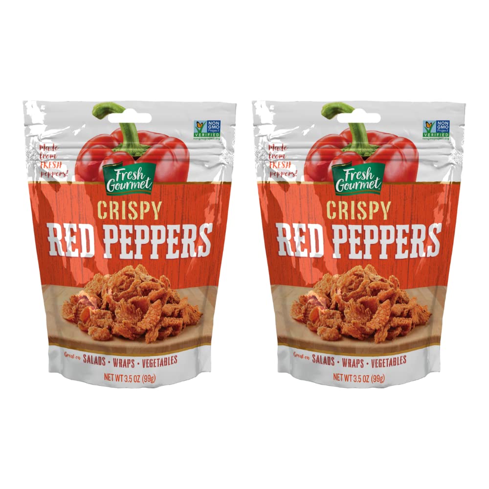 Fresh Gourmet Crispy Red Peppers bag closeup, ready-to-use crunch for salads.