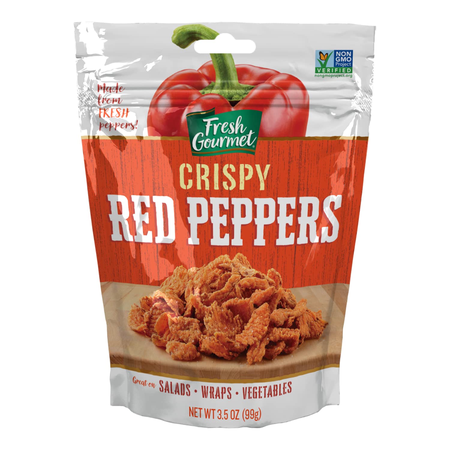 Fresh Gourmet Crispy Red Peppers sprinkled over a fresh salad for extra crunch.