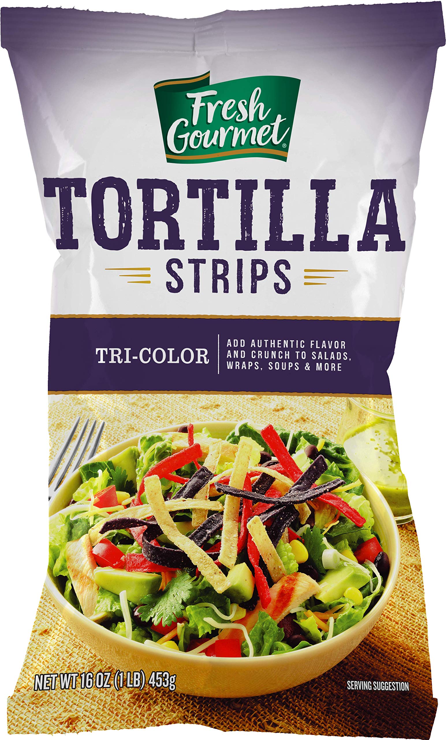 Fresh Gourmet Tri-Color Tortilla Strips pack add versatile crunch to meals