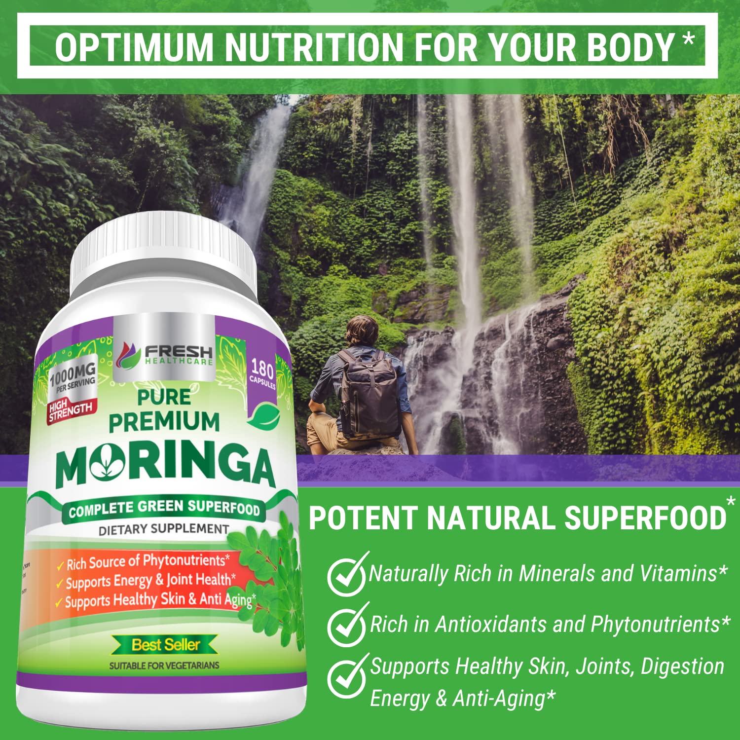 Fresh Healthcare Moringa capsules label close-up emphasizes non-GMO and gluten-free attributes.