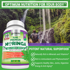Fresh Healthcare Moringa capsules label close-up emphasizes non-GMO and gluten-free attributes.