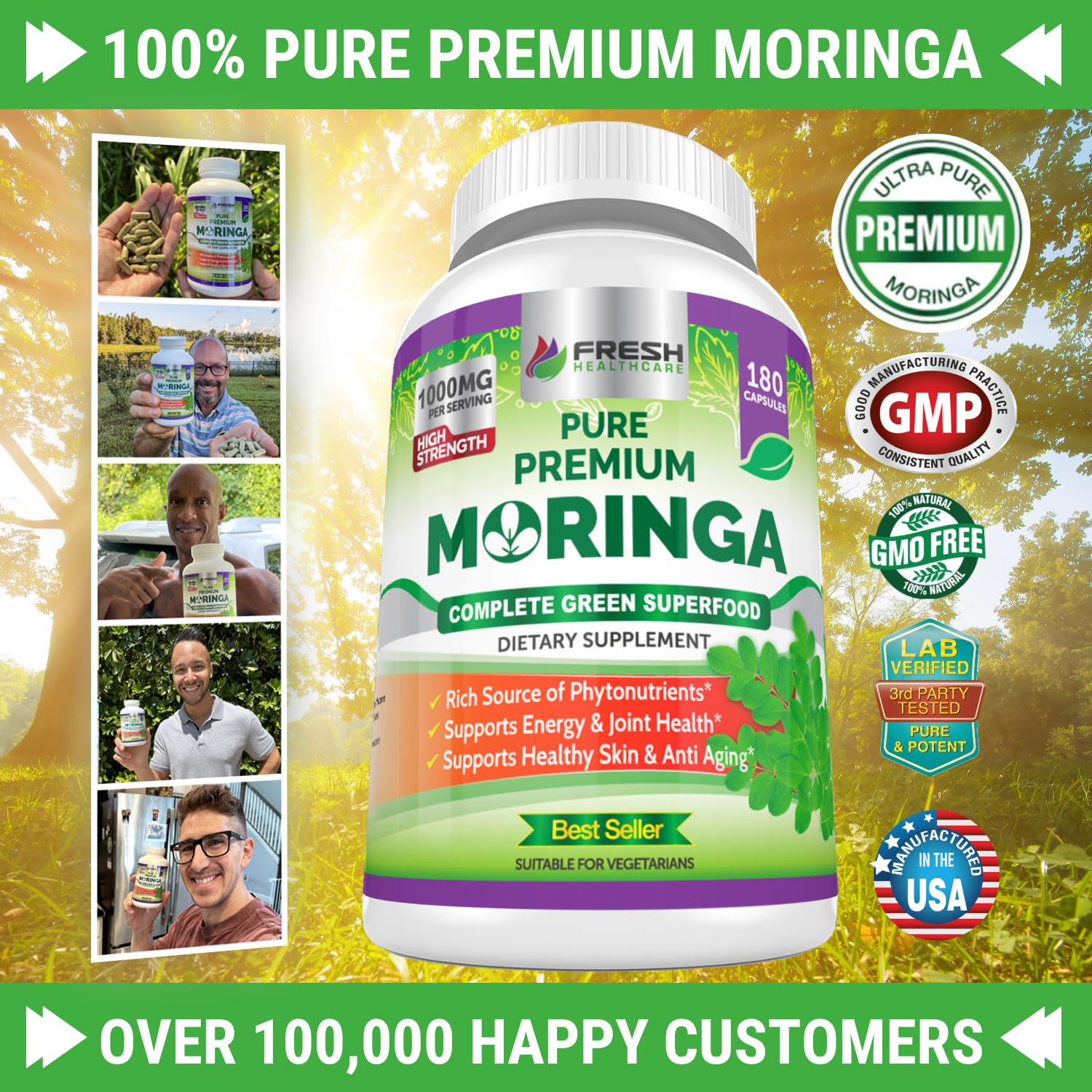 Fresh Healthcare Moringa capsules packaging box presents a 180-count supply.